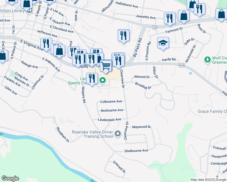 map of restaurants, bars, coffee shops, grocery stores, and more near 1200 Vinyard Rd in Vinton