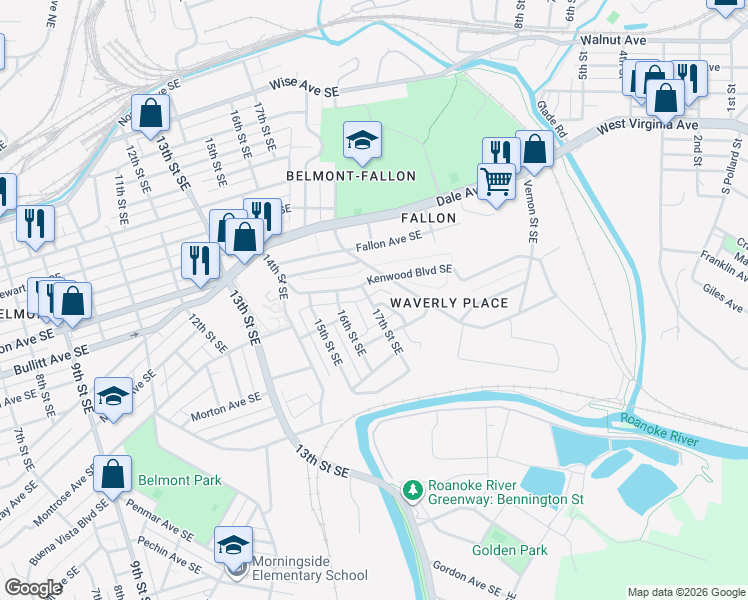 map of restaurants, bars, coffee shops, grocery stores, and more near 1707 Kenwood Boulevard Southeast in Roanoke