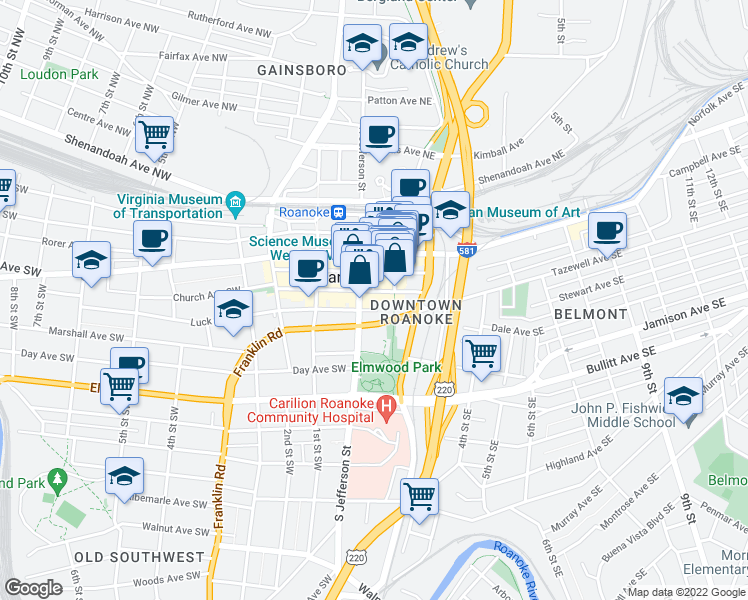 map of restaurants, bars, coffee shops, grocery stores, and more near 13 Church Avenue Southeast in Roanoke