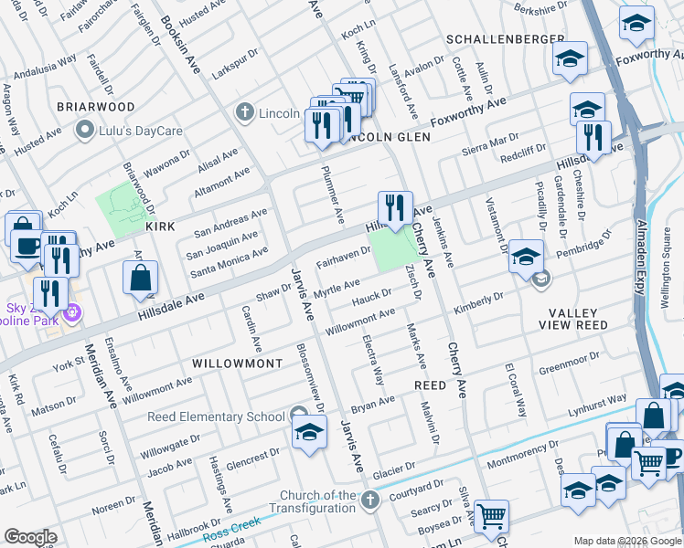 map of restaurants, bars, coffee shops, grocery stores, and more near 1472 Fairhaven Drive in San Jose