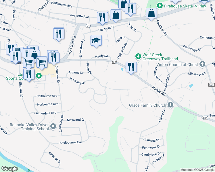 map of restaurants, bars, coffee shops, grocery stores, and more near 802 Dillon Drive in Vinton
