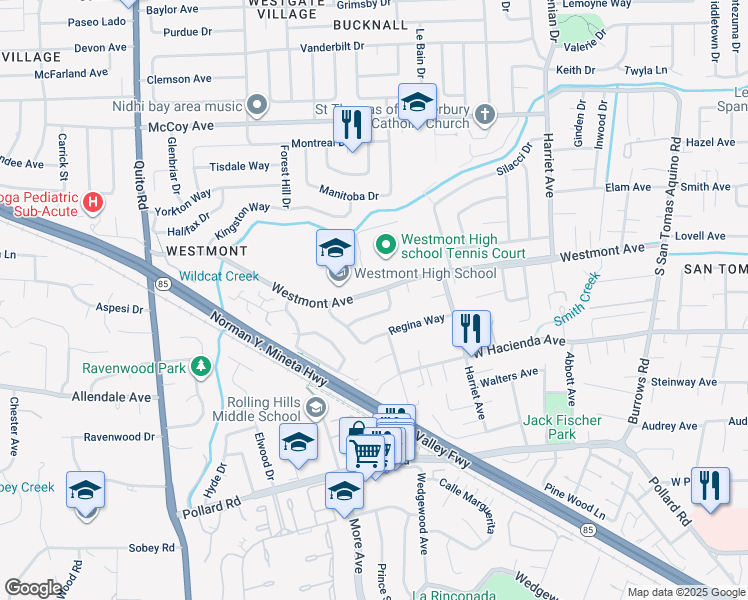 map of restaurants, bars, coffee shops, grocery stores, and more near 4736 Westmont Avenue in Campbell