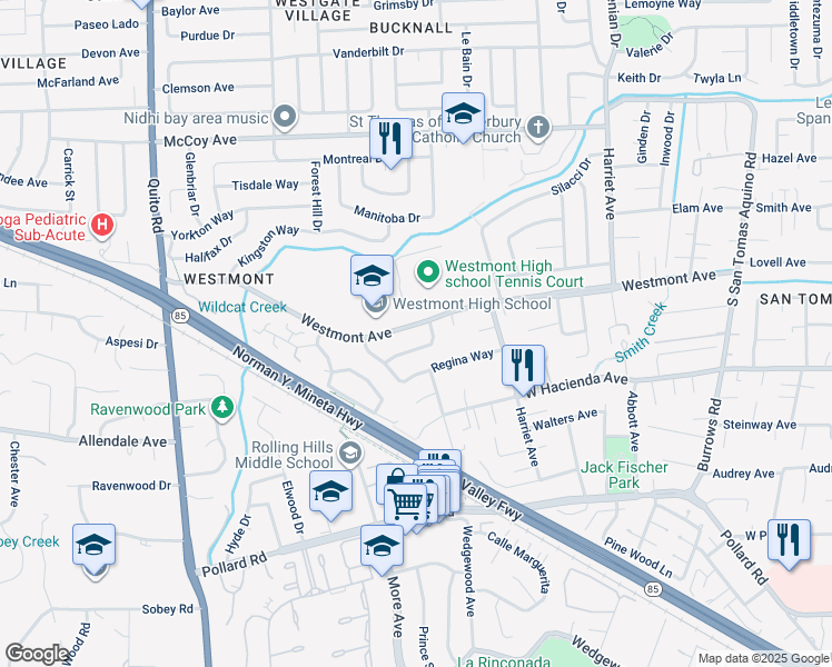 map of restaurants, bars, coffee shops, grocery stores, and more near 4736 Westmont Avenue in Campbell