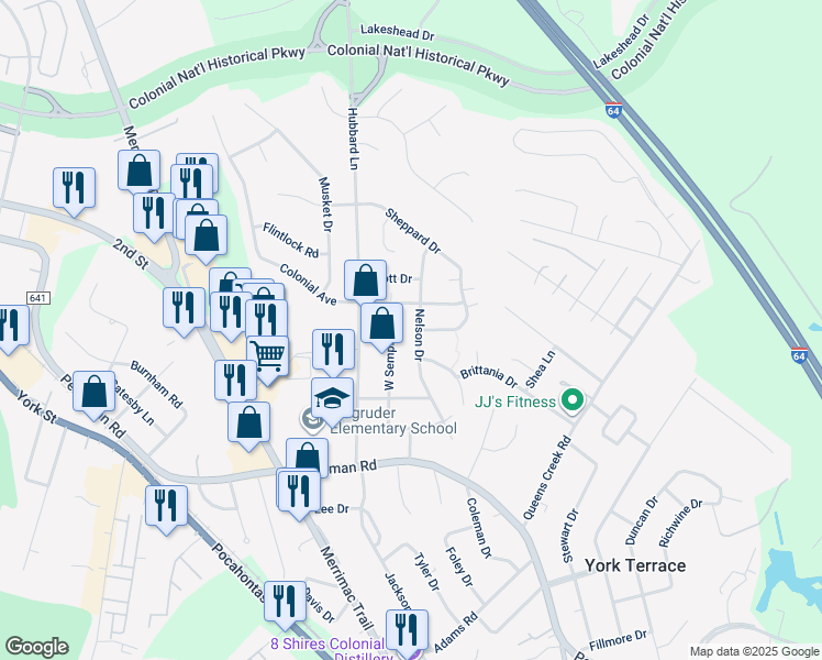 map of restaurants, bars, coffee shops, grocery stores, and more near 136 Nelson Drive in Williamsburg
