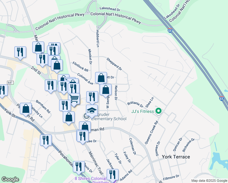 map of restaurants, bars, coffee shops, grocery stores, and more near 136 Nelson Drive in Williamsburg