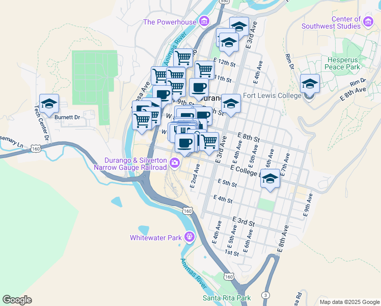 map of restaurants, bars, coffee shops, grocery stores, and more near 680 Main Avenue in Durango