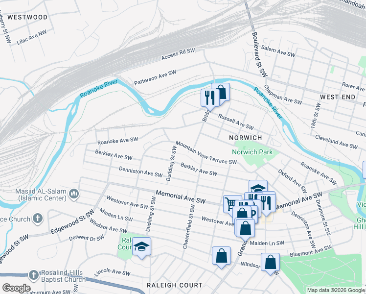 map of restaurants, bars, coffee shops, grocery stores, and more near 2246 Mountain View Terrace Southwest in Roanoke