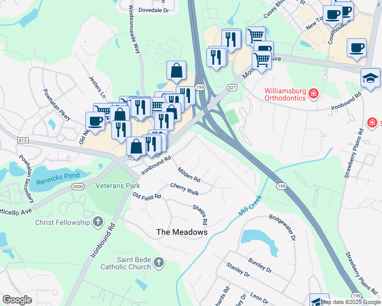 map of restaurants, bars, coffee shops, grocery stores, and more near 3917 Renick Lane in Williamsburg