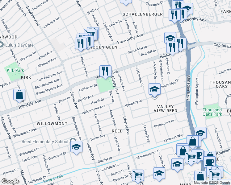 map of restaurants, bars, coffee shops, grocery stores, and more near 3376 Cherry Avenue in San Jose