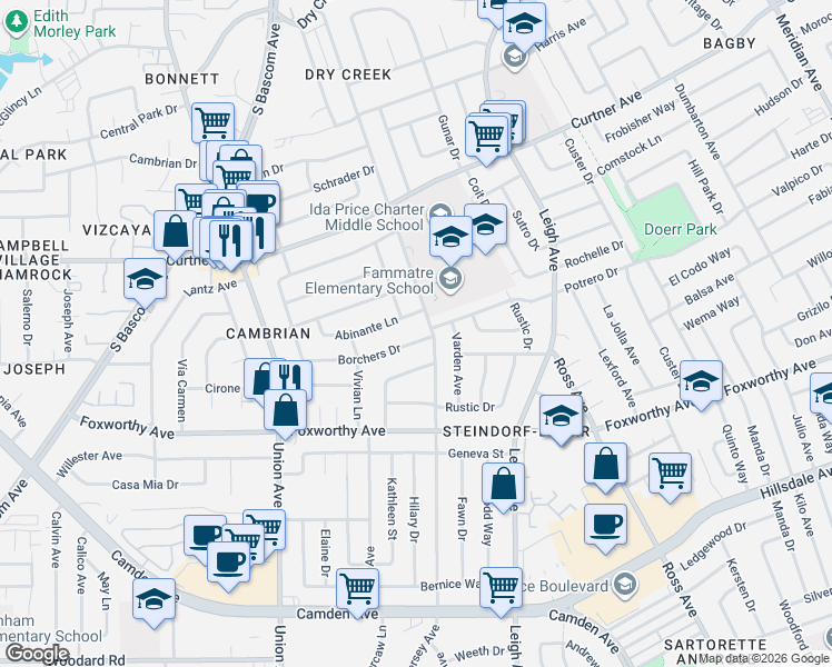 map of restaurants, bars, coffee shops, grocery stores, and more near 2829 New Jersey Avenue in San Jose