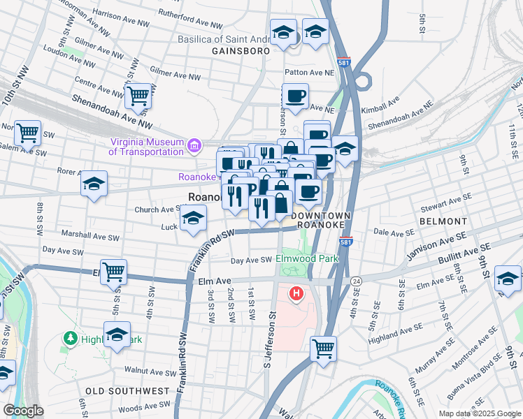 map of restaurants, bars, coffee shops, grocery stores, and more near in Roanoke