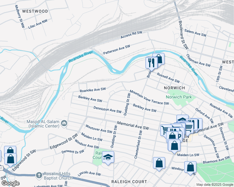 map of restaurants, bars, coffee shops, grocery stores, and more near 2340 Mountain View Terrace Southwest in Roanoke