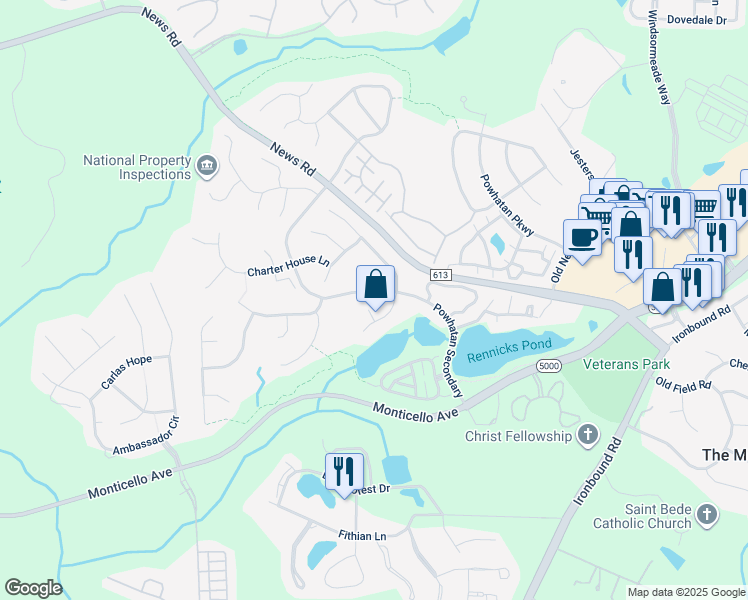 map of restaurants, bars, coffee shops, grocery stores, and more near 104 Grist Mill Court in Williamsburg