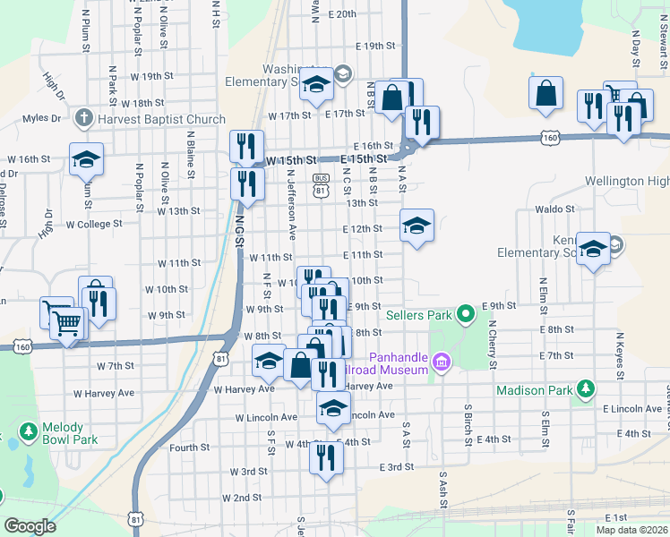 map of restaurants, bars, coffee shops, grocery stores, and more near 501 North Washington Avenue in Wellington