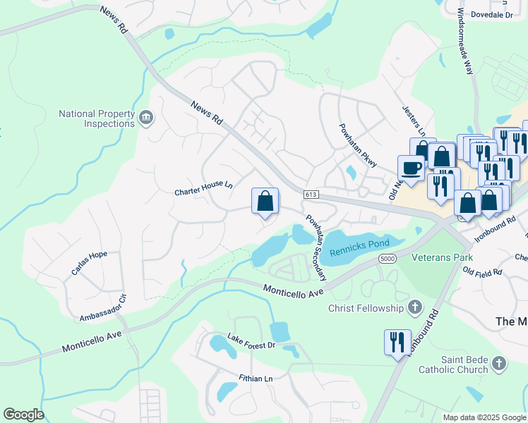 map of restaurants, bars, coffee shops, grocery stores, and more near 104 Grist Mill Court in Williamsburg