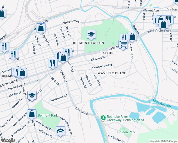 map of restaurants, bars, coffee shops, grocery stores, and more near 1613 Kenwood Boulevard Southeast in Roanoke