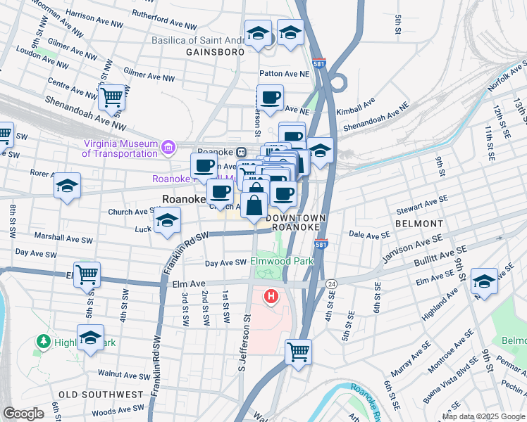 map of restaurants, bars, coffee shops, grocery stores, and more near 9 Church Avenue Southeast in Roanoke