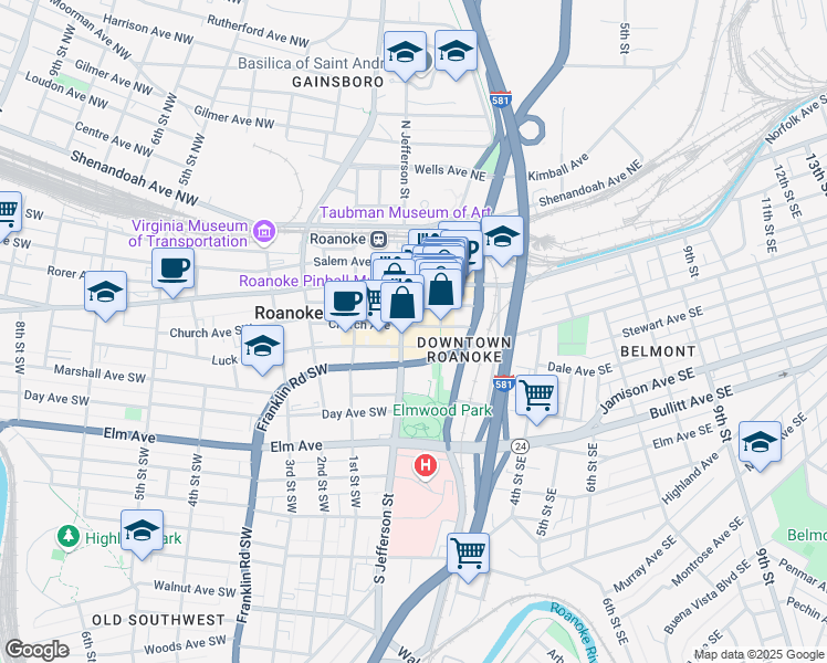 map of restaurants, bars, coffee shops, grocery stores, and more near 9 Church Avenue Southeast in Roanoke