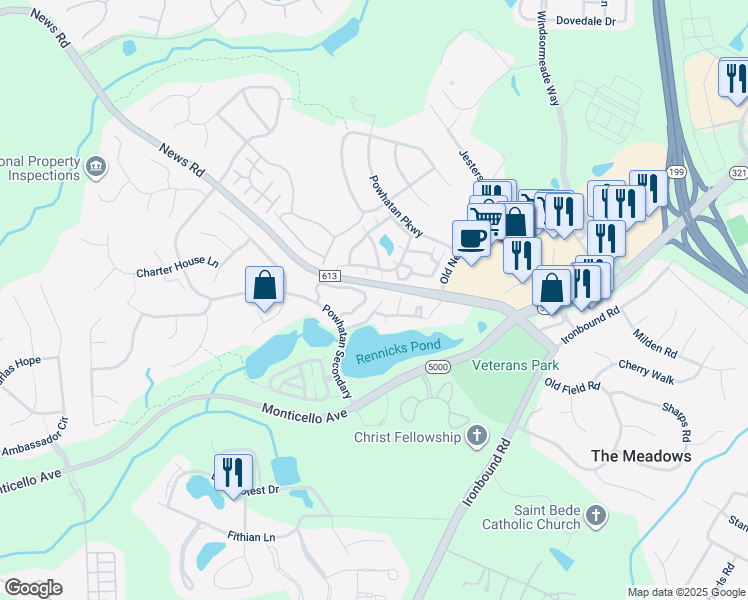 map of restaurants, bars, coffee shops, grocery stores, and more near 4431 Wind River Run in Williamsburg