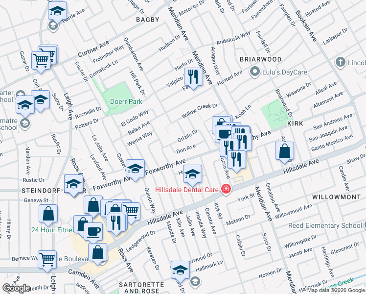 map of restaurants, bars, coffee shops, grocery stores, and more near 1713 Don Avenue in San Jose