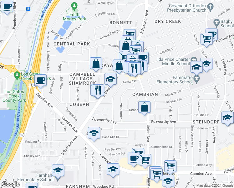 map of restaurants, bars, coffee shops, grocery stores, and more near 2818 Lantz Avenue in San Jose