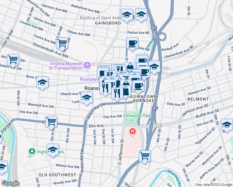 map of restaurants, bars, coffee shops, grocery stores, and more near in Roanoke