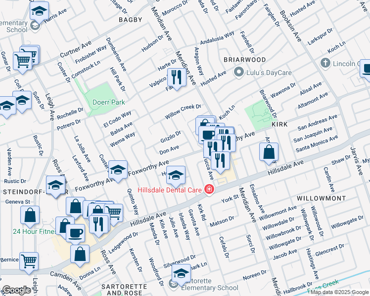 map of restaurants, bars, coffee shops, grocery stores, and more near 1684 Don Avenue in San Jose