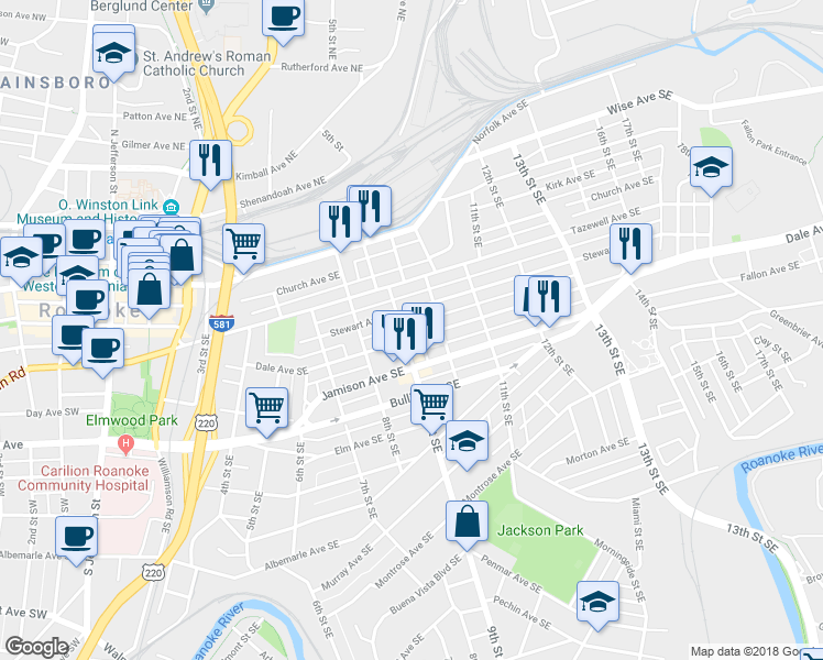 map of restaurants, bars, coffee shops, grocery stores, and more near 414 9th Street Southeast in Roanoke