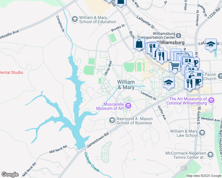 map of restaurants, bars, coffee shops, grocery stores, and more near 500 Ukrop Way in Williamsburg