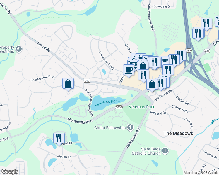 map of restaurants, bars, coffee shops, grocery stores, and more near 4416 Chickasaw Court in Williamsburg