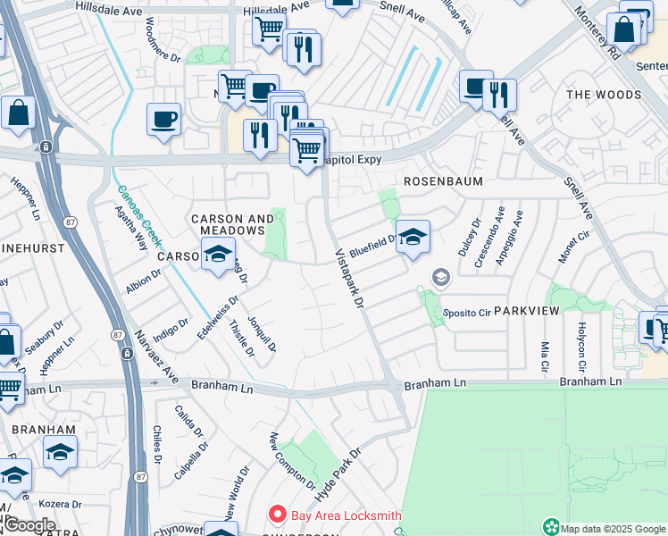 map of restaurants, bars, coffee shops, grocery stores, and more near 412 Bluefield Drive in San Jose