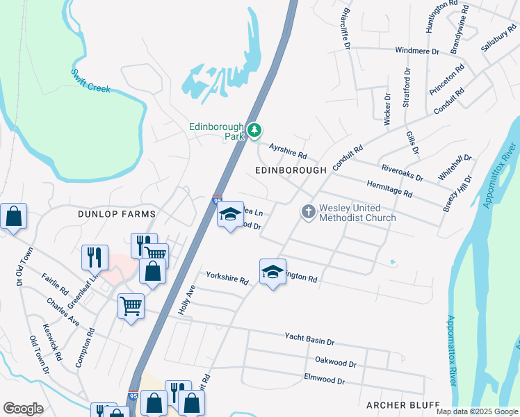map of restaurants, bars, coffee shops, grocery stores, and more near 918 Azalea Lane in Colonial Heights