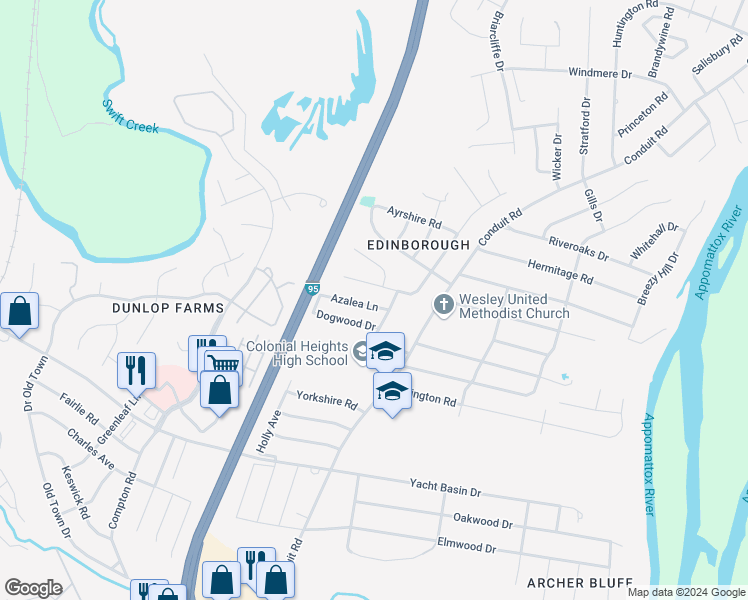 map of restaurants, bars, coffee shops, grocery stores, and more near 918 Azalea Lane in Colonial Heights