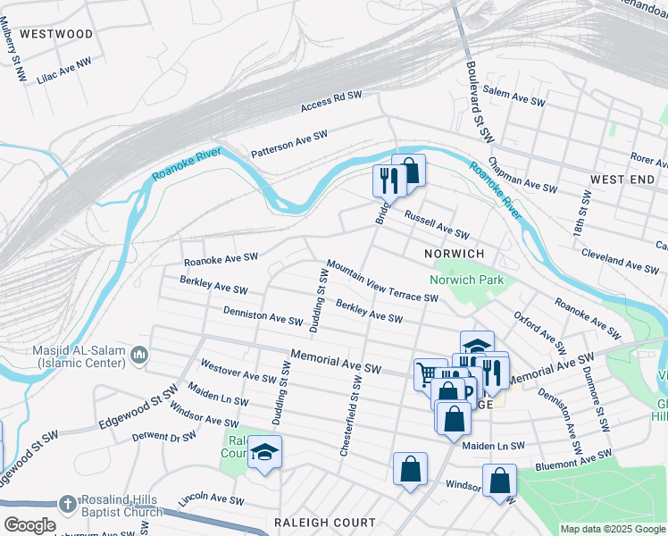 map of restaurants, bars, coffee shops, grocery stores, and more near 2258 Mountain View Terrace Southwest in Roanoke