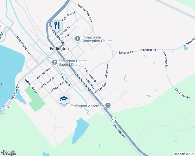 map of restaurants, bars, coffee shops, grocery stores, and more near 308 Hanson Street in Earlington