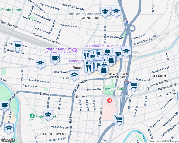 map of restaurants, bars, coffee shops, grocery stores, and more near in Roanoke
