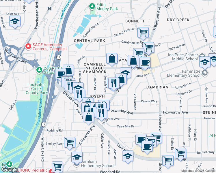 map of restaurants, bars, coffee shops, grocery stores, and more near 2842 Joseph Avenue in Campbell