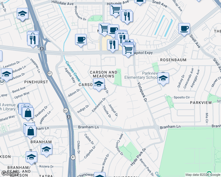 map of restaurants, bars, coffee shops, grocery stores, and more near 4292 Meg Drive in San Jose