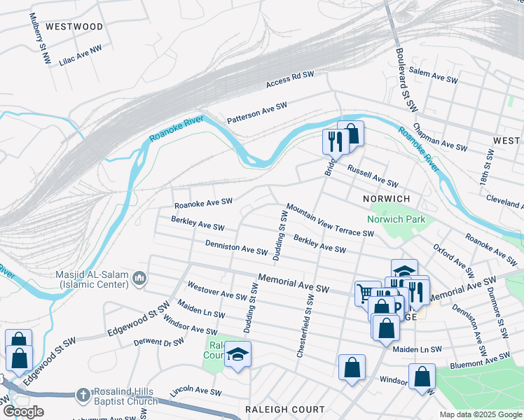 map of restaurants, bars, coffee shops, grocery stores, and more near 2332 Mountain View Terrace Southwest in Roanoke