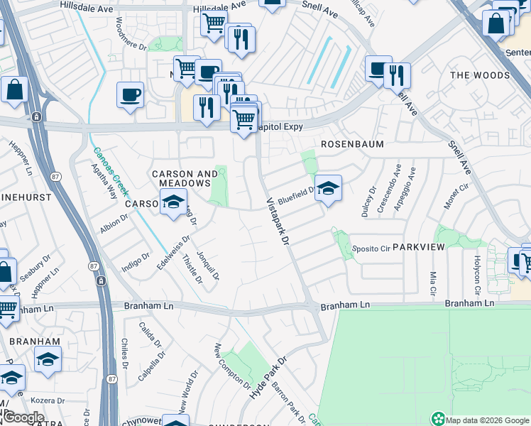map of restaurants, bars, coffee shops, grocery stores, and more near 412 Bluefield Drive in San Jose