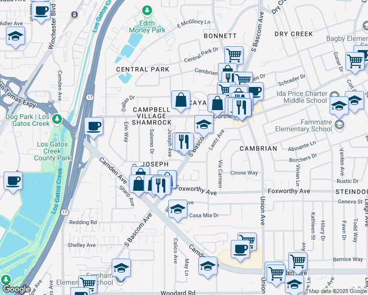 map of restaurants, bars, coffee shops, grocery stores, and more near 2869 South Bascom Avenue in Campbell