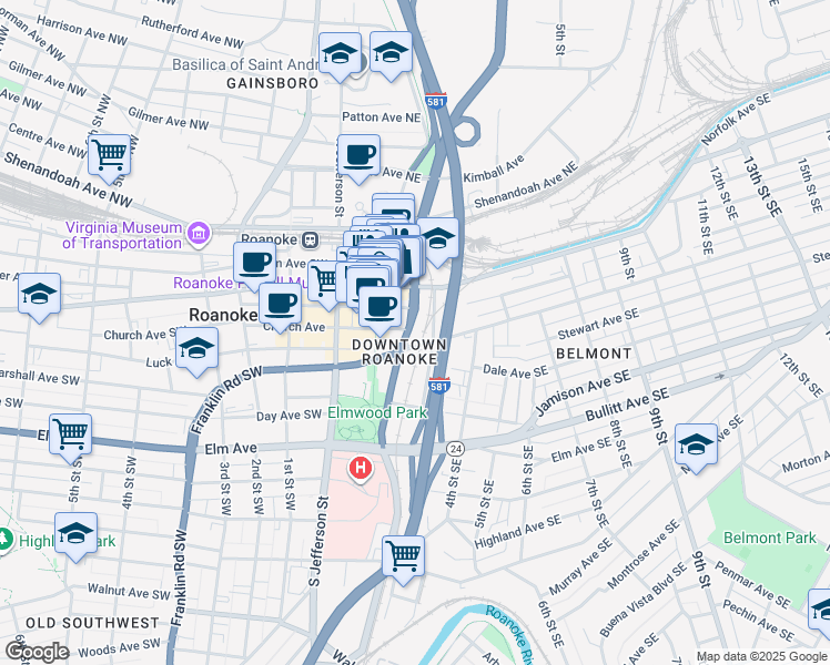 map of restaurants, bars, coffee shops, grocery stores, and more near 206 Williamson Road Southeast in Roanoke