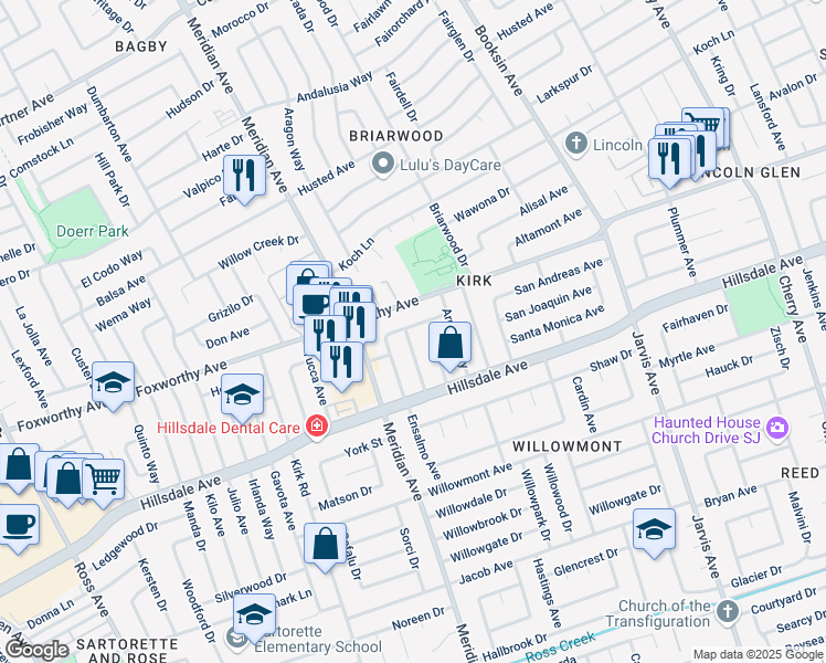 map of restaurants, bars, coffee shops, grocery stores, and more near 1620 Babero Avenue in San Jose