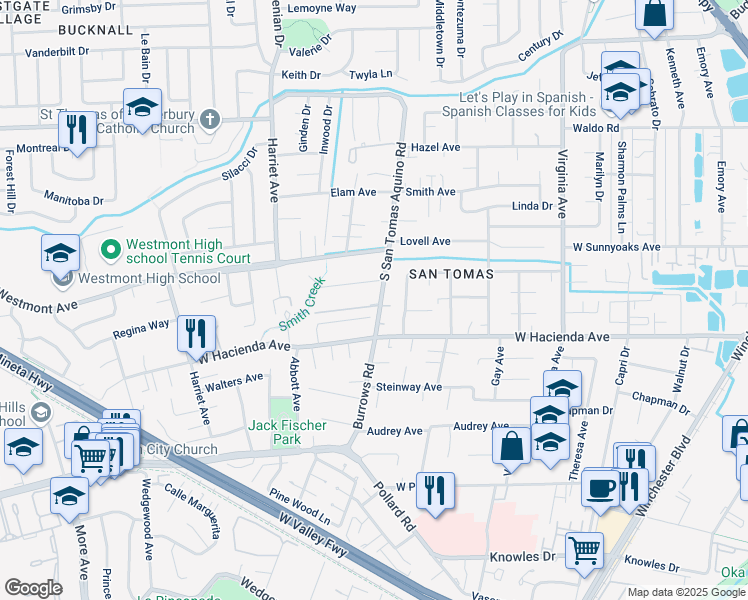 map of restaurants, bars, coffee shops, grocery stores, and more near 1135 South San Tomas Aquino Road in Campbell