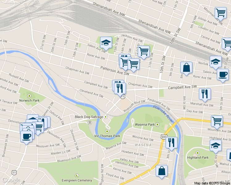 map of restaurants, bars, coffee shops, grocery stores, and more near 1326 Campbell Avenue Southwest in Roanoke