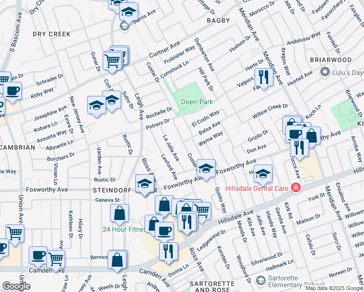 map of restaurants, bars, coffee shops, grocery stores, and more near 1798 Balsa Avenue in San Jose
