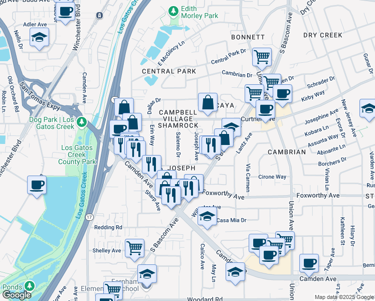 map of restaurants, bars, coffee shops, grocery stores, and more near 1136 Salerno Drive in Campbell