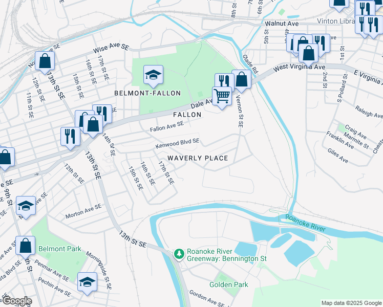 map of restaurants, bars, coffee shops, grocery stores, and more near 1913 Kenwood Blvd SE in Roanoke