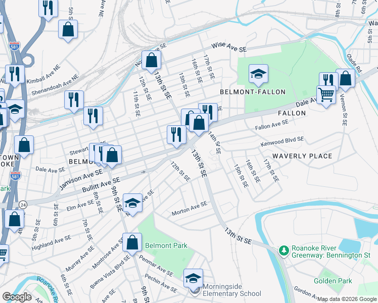 map of restaurants, bars, coffee shops, grocery stores, and more near 830 13th Street Southeast in Roanoke