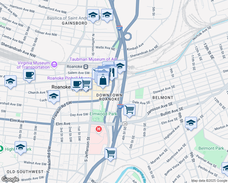 map of restaurants, bars, coffee shops, grocery stores, and more near in Roanoke